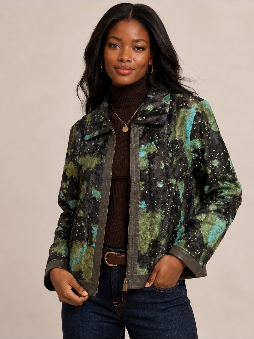 FABIANE Faux Fur Leather Trim Zip Jacket Women’s M/L Black Green Aqua Plush Line